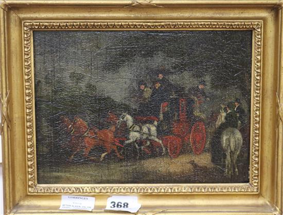After Alken, oil on panel, Coaching scene, 18 x 25.5cm